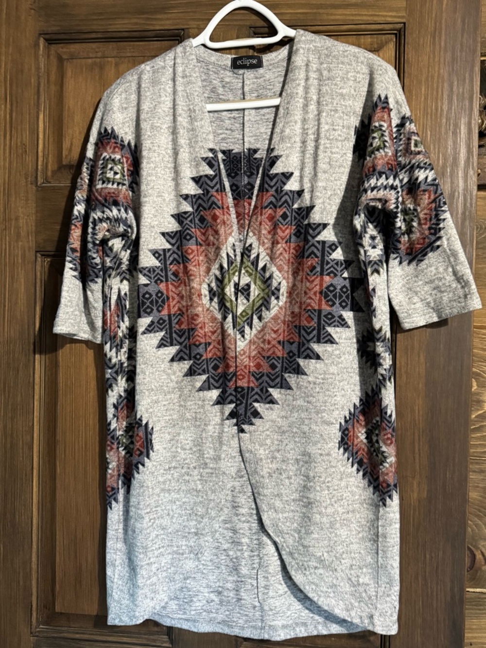 Eclipse Heather Gray Aztec Knit Open Cardigan with Rust and Navy Accents
